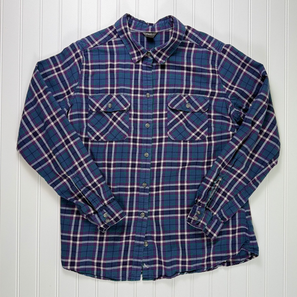Eddie Bauer Womens Plaid Flannel Shirt Blue Purple Green Long Sleeve Button Up L